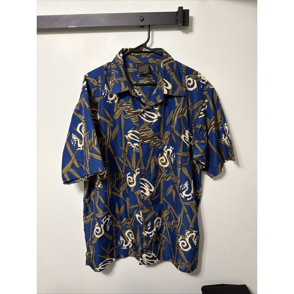 VTG Mens FUBU All Over Print Button Down Short Sleeve Size Large Dragons Bamboo